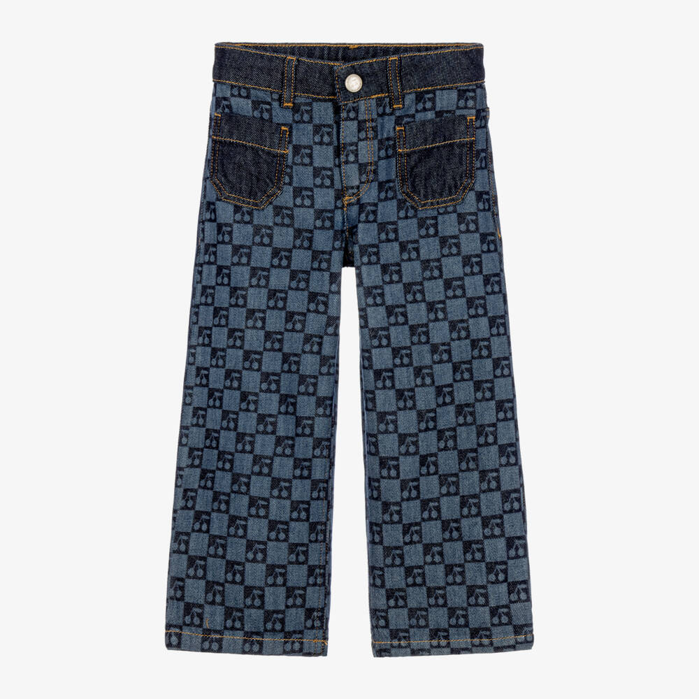 Bonpoint-Girls Blue Denim Cherry Checkerboard Print Jeans | Childrensalon
