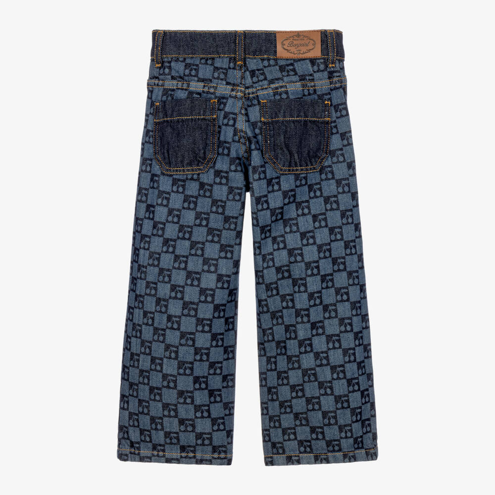 Bonpoint-Girls Blue Denim Cherry Checkerboard Print Jeans | Childrensalon