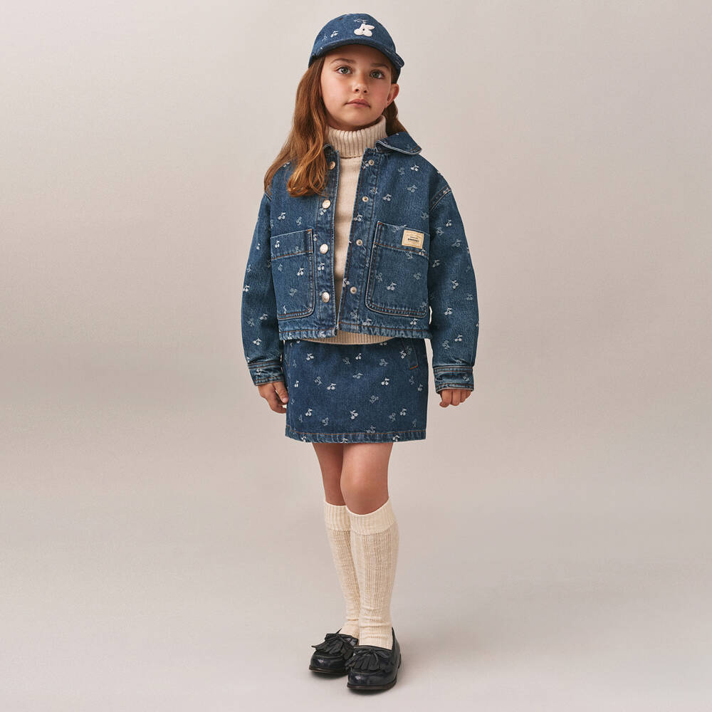 Bonpoint-Girls Blue Denim Cherry Embroidered Jacket | Childrensalon