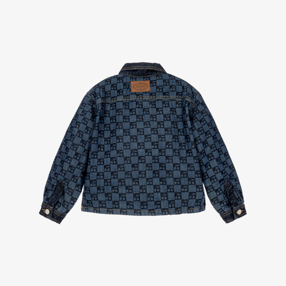Bonpoint-Girls Blue Denim Jacket with Cherry Checkerboard Print | Childrensalon