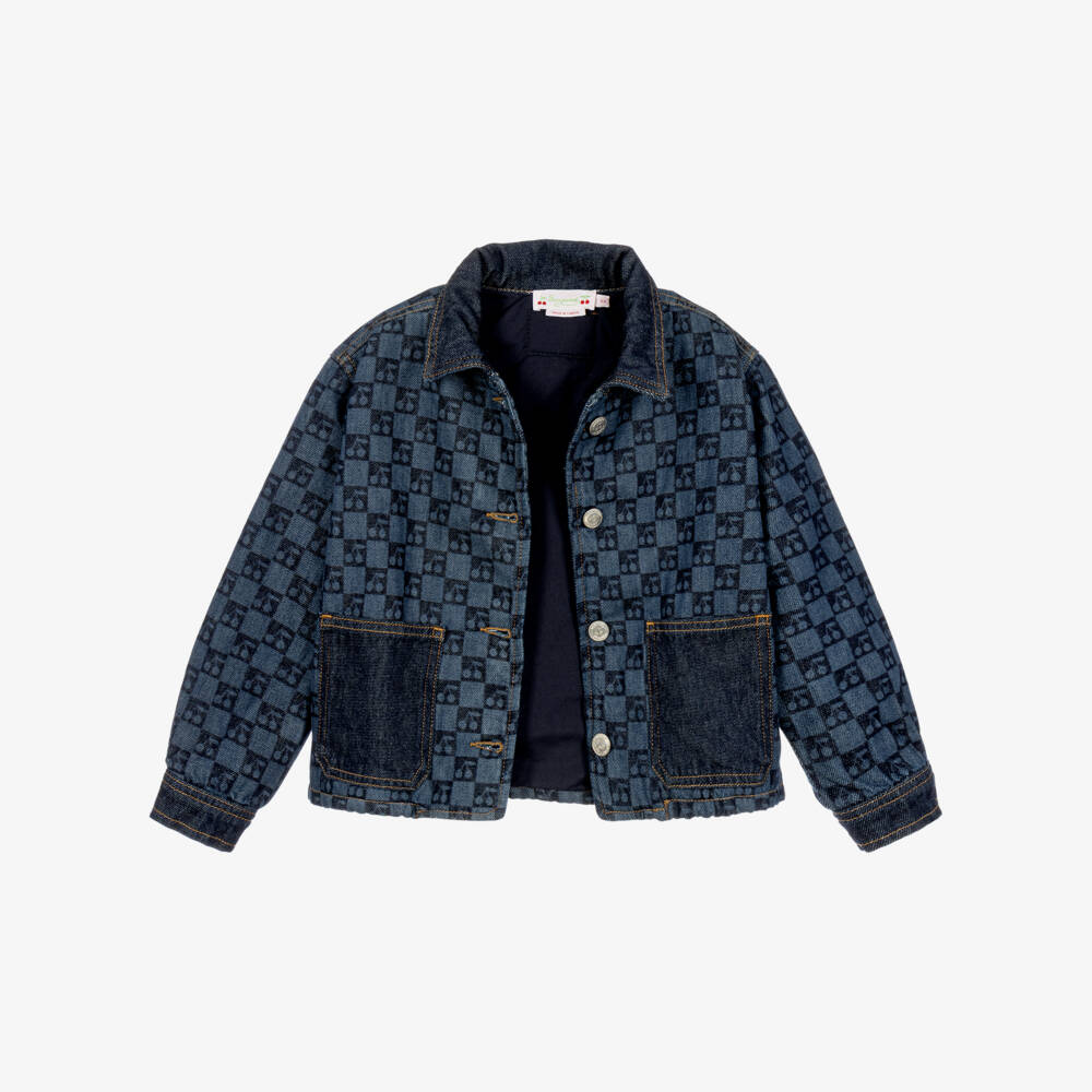 Bonpoint-Girls Blue Denim Jacket with Cherry Checkerboard Print | Childrensalon