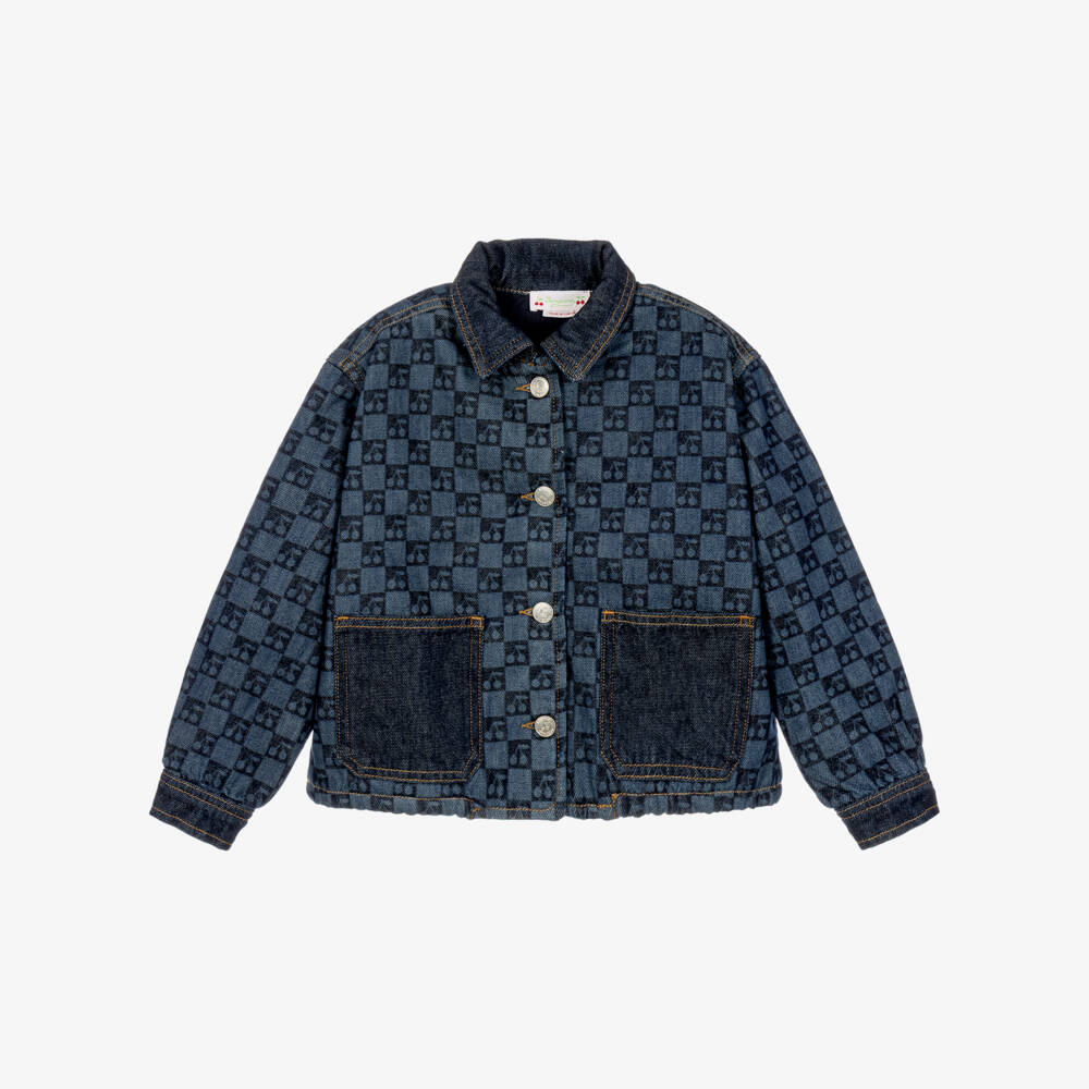 Bonpoint-Girls Blue Denim Jacket with Cherry Checkerboard Print | Childrensalon