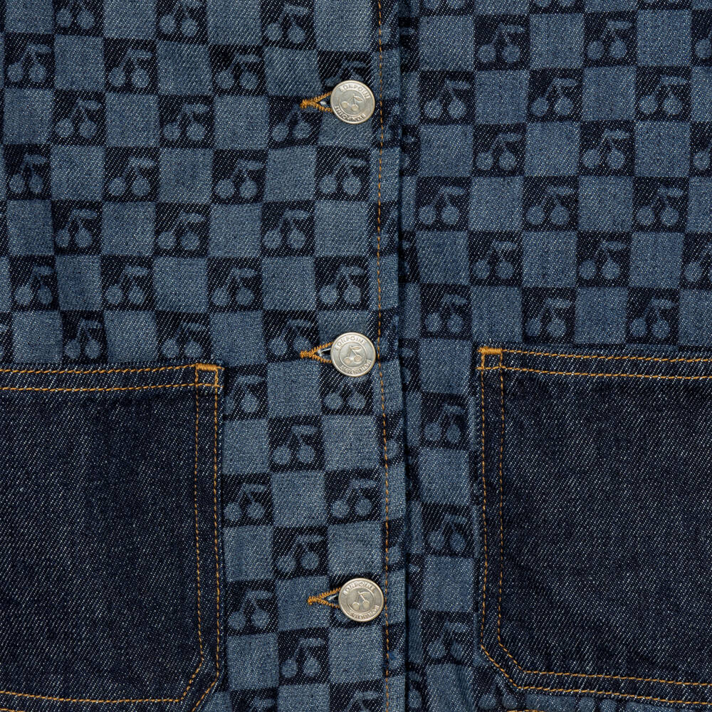 Bonpoint-Girls Blue Denim Jacket with Cherry Checkerboard Print | Childrensalon