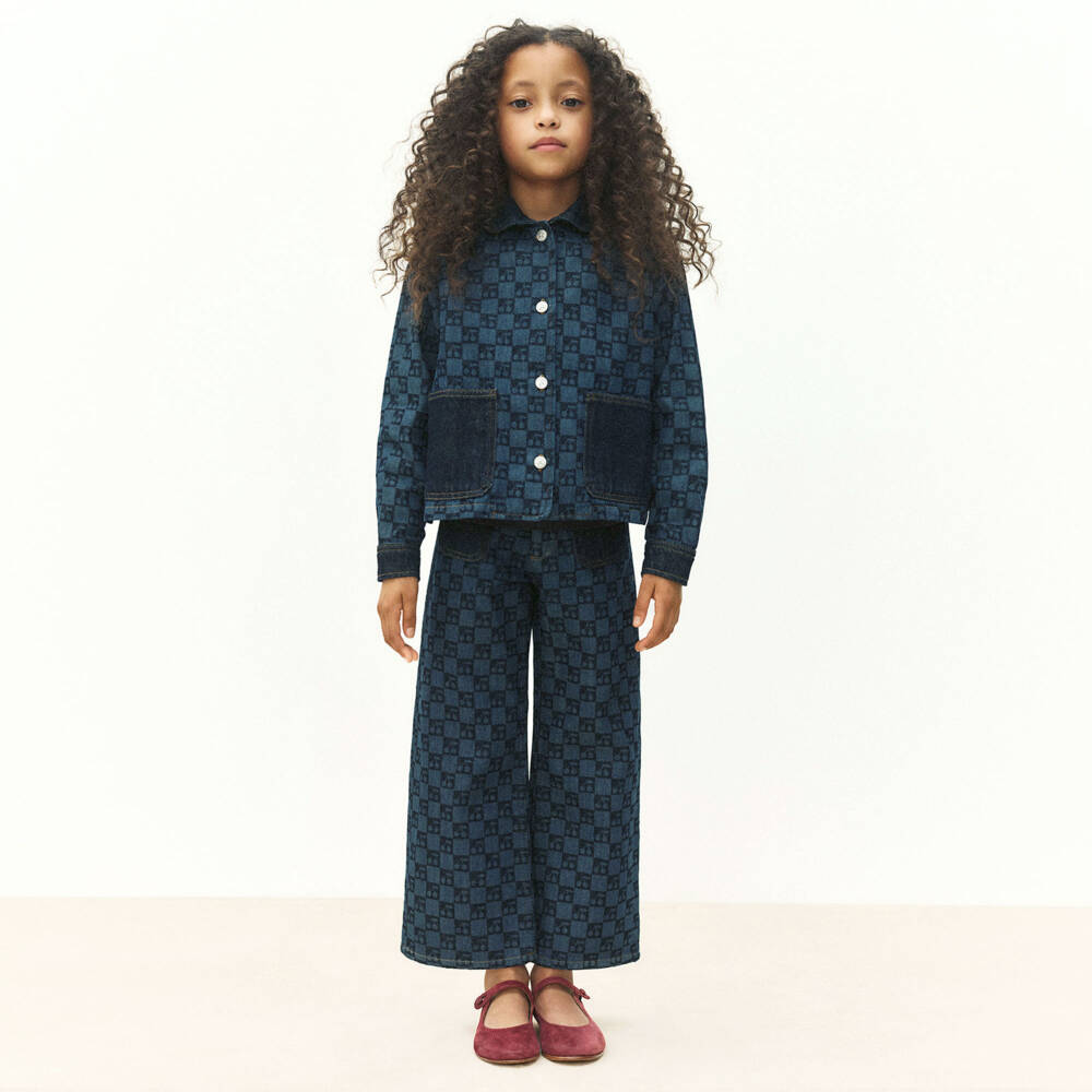 Bonpoint-Girls Blue Denim Jacket with Cherry Checkerboard Print | Childrensalon