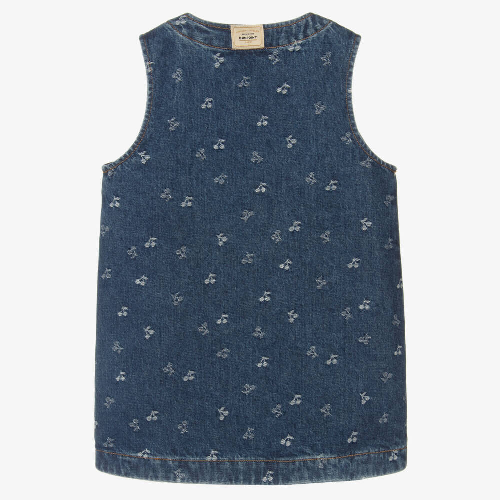 Bonpoint-Girls Blue Denim Jacquard Cherry Logo Dress | Childrensalon