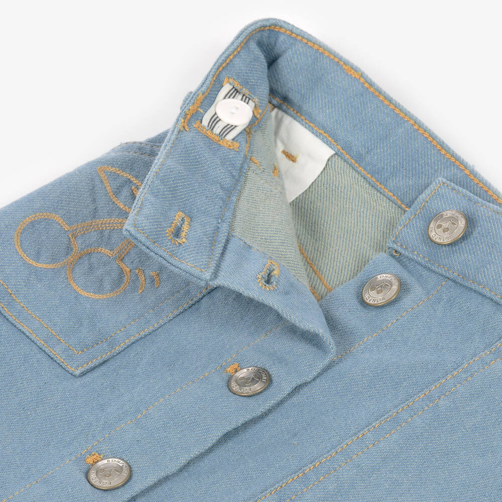 Bonpoint-Girls Blue Denim Skirt with Cherry Embroidery | Childrensalon