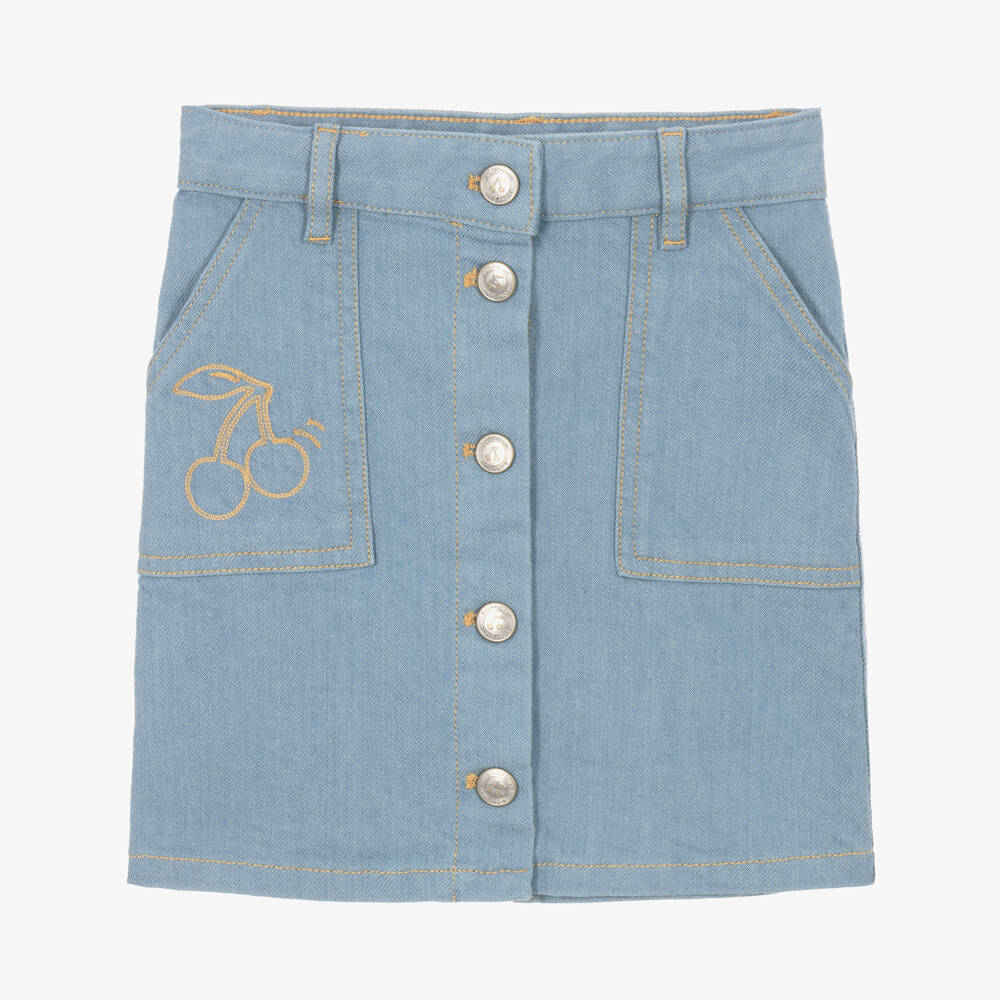 Bonpoint-Girls Blue Denim Skirt with Cherry Embroidery | Childrensalon