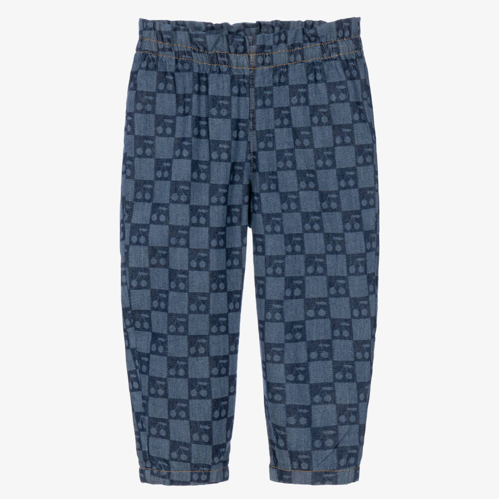 Bonpoint-Girls Blue Denim Trousers with Cherry Checkerboard Print | Childrensalon