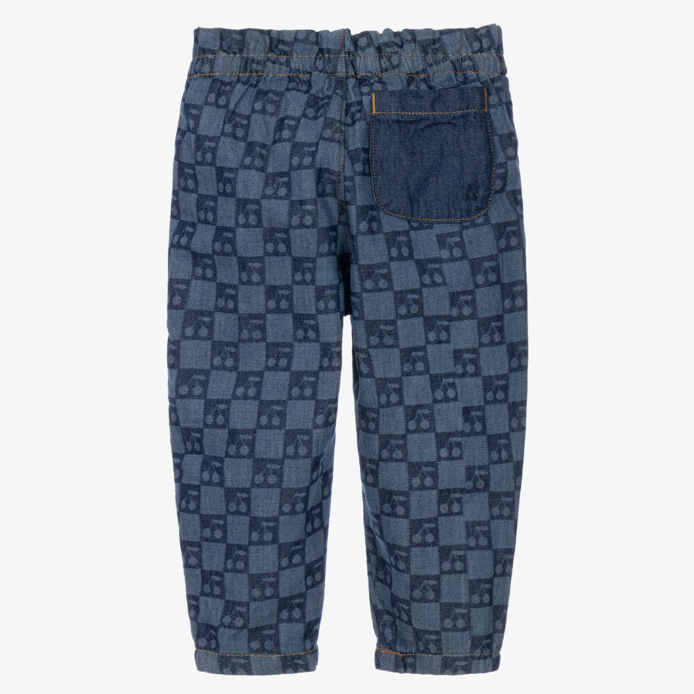 Bonpoint-Girls Blue Denim Trousers with Cherry Checkerboard Print | Childrensalon