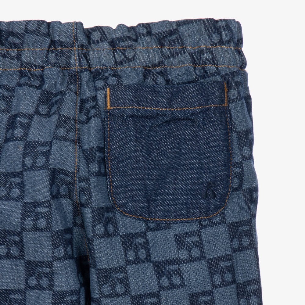 Bonpoint-Girls Blue Denim Trousers with Cherry Checkerboard Print | Childrensalon