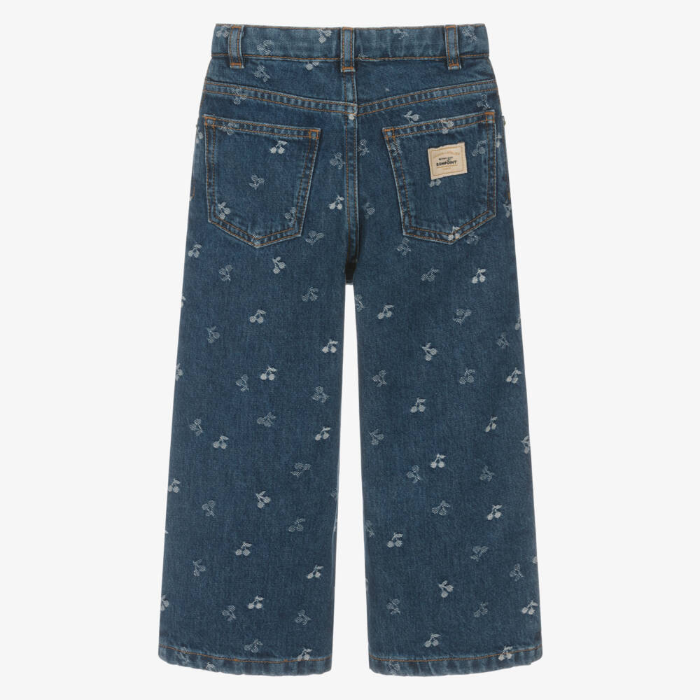 Bonpoint-Girls Blue Denim Wide-Leg Jeans with Jacquard Cherry Logos | Childrensalon