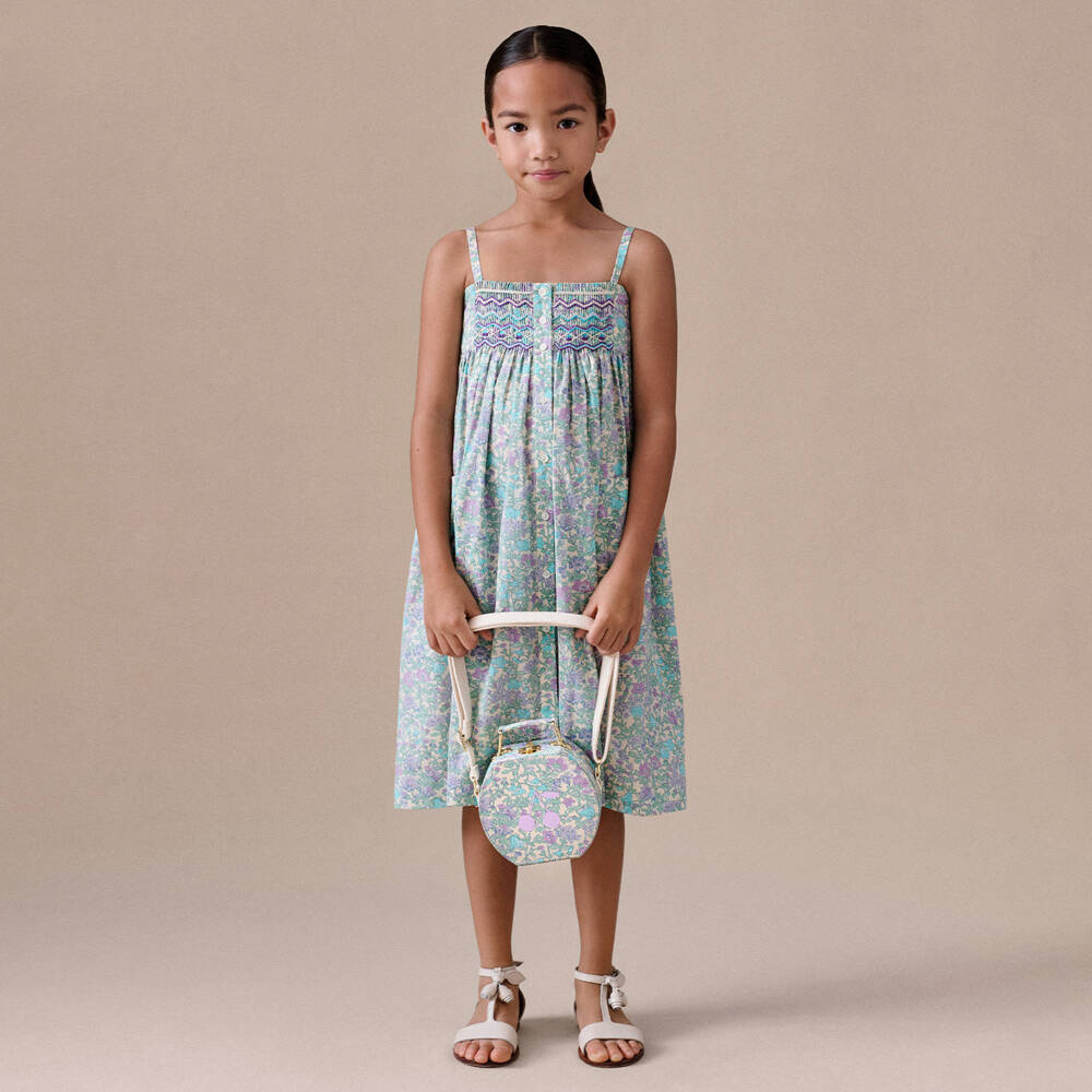 Bonpoint-Платье голубое с цветочным узором Liberty для девочек | Childrensalon