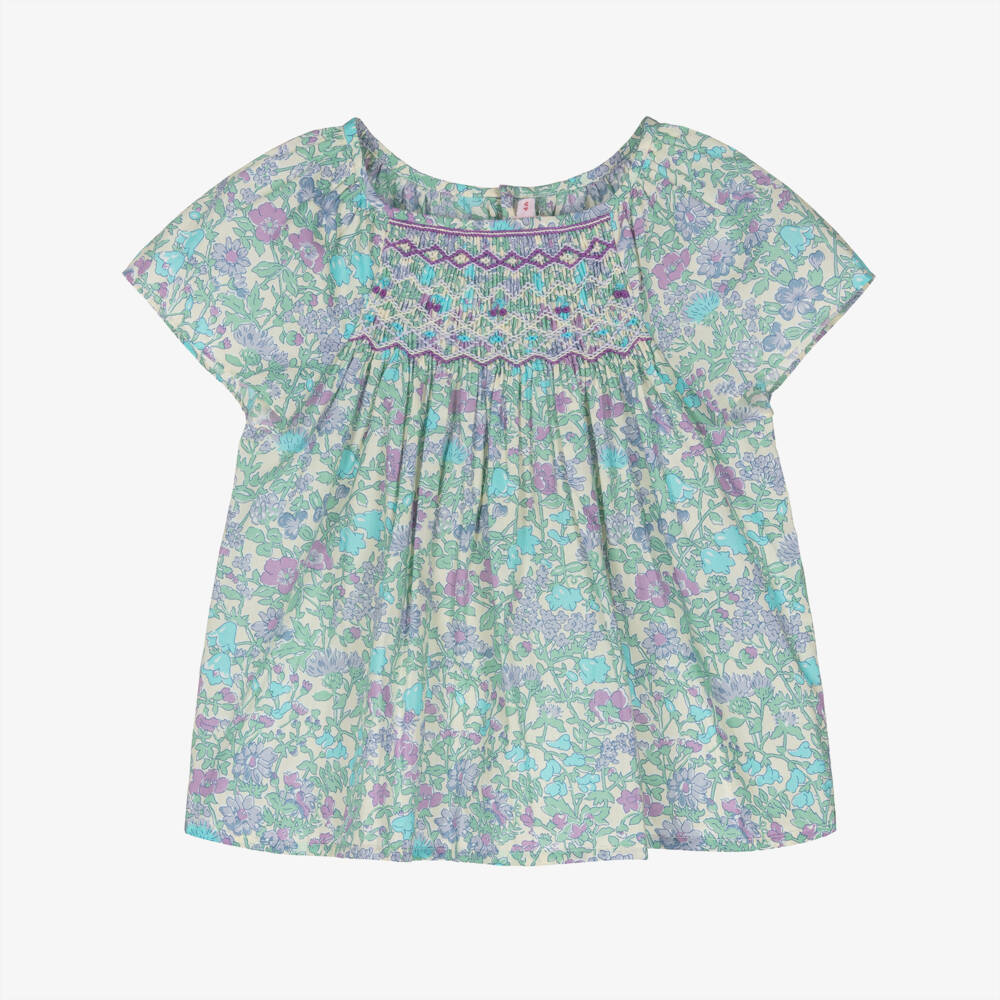 Bonpoint-Girls Blue Floral Liberty Fabric Smocked Blouse | Childrensalon