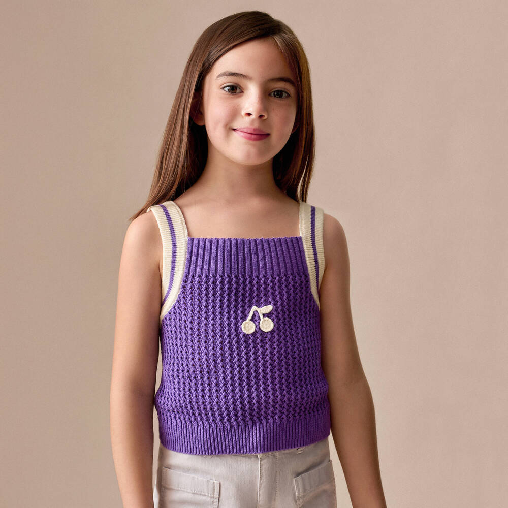 Bonpoint-Girls Bright Purple Cotton Knitted Sleeveless Top | Childrensalon