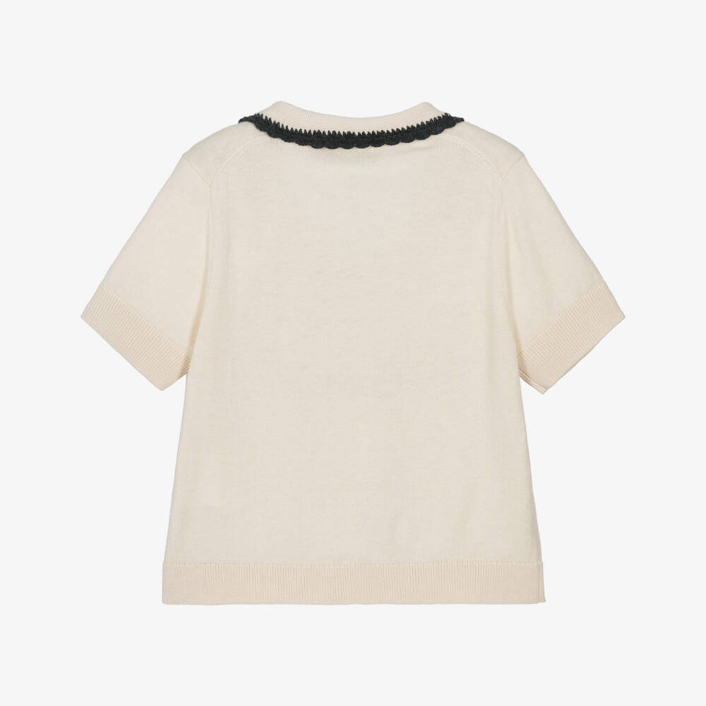 Bonpoint-Girls Cream Wool & Cotton Knit Sweater with Crochet Trim | Childrensalon