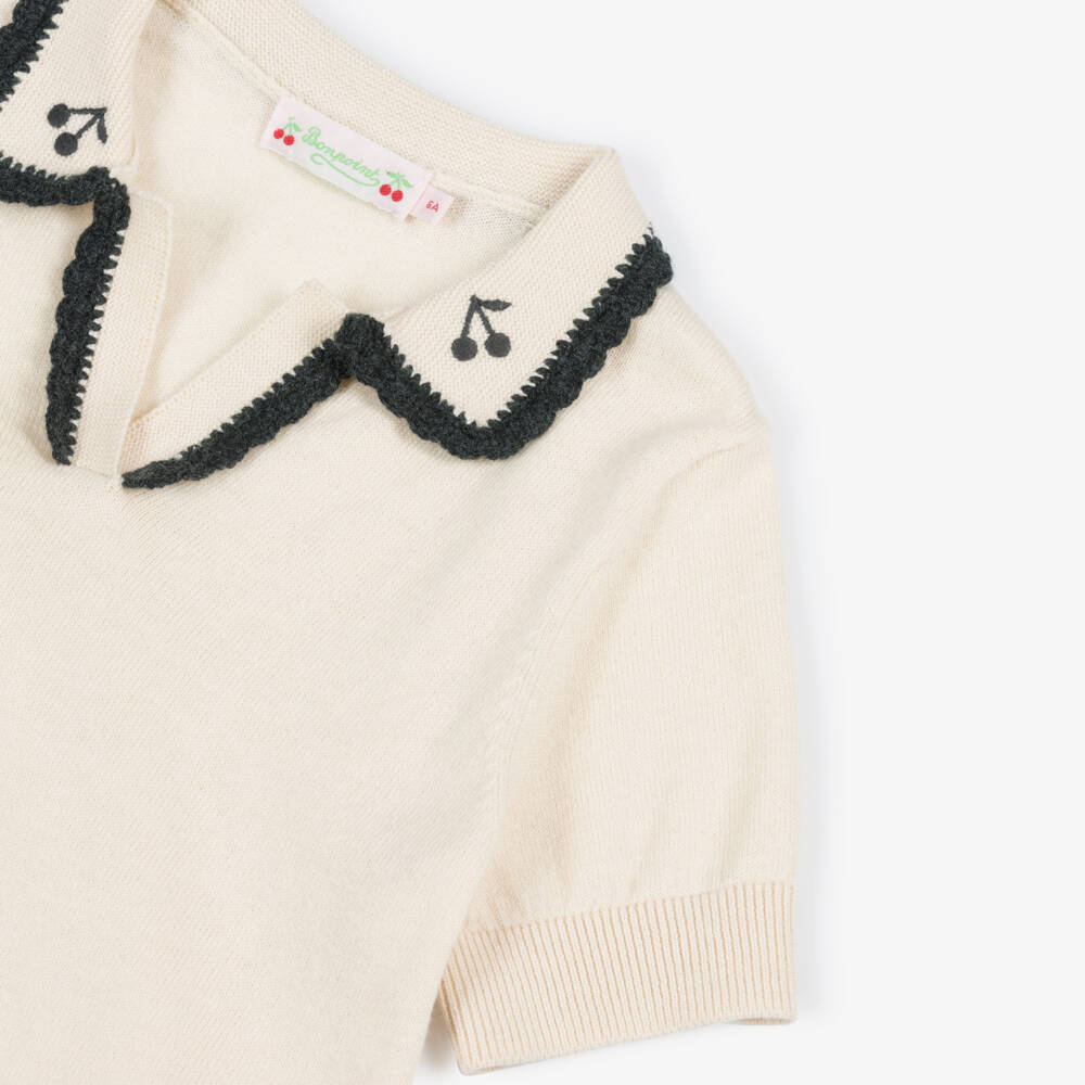Bonpoint-Girls Cream Wool & Cotton Knit Sweater with Crochet Trim | Childrensalon