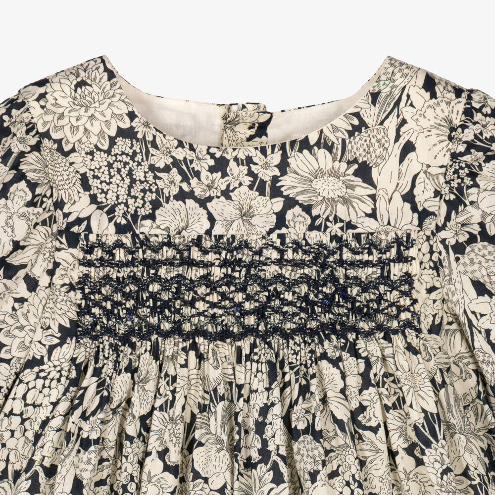 Bonpoint-Girls Dark Blue & Beige Hand-Smocked Dress in Liberty Fabric | Childrensalon