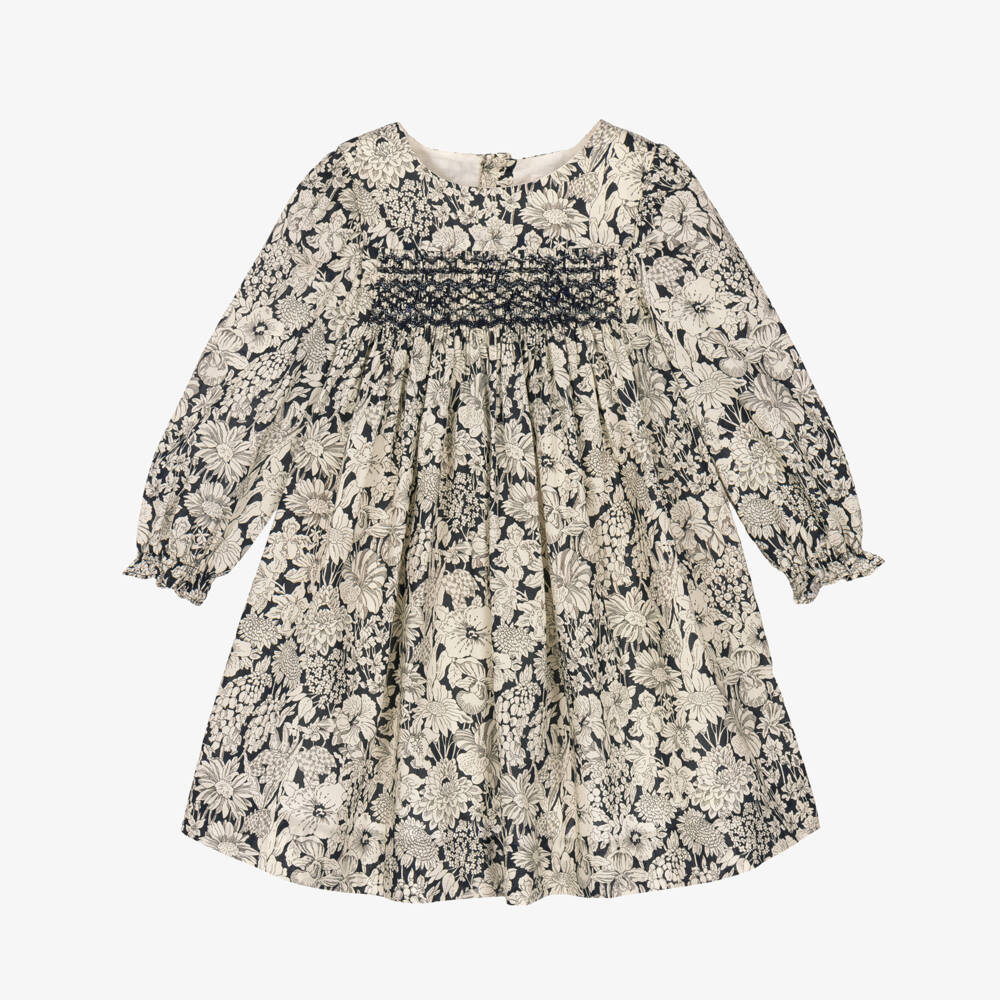 Bonpoint-Girls Dark Blue & Beige Hand-Smocked Dress in Liberty Fabric | Childrensalon