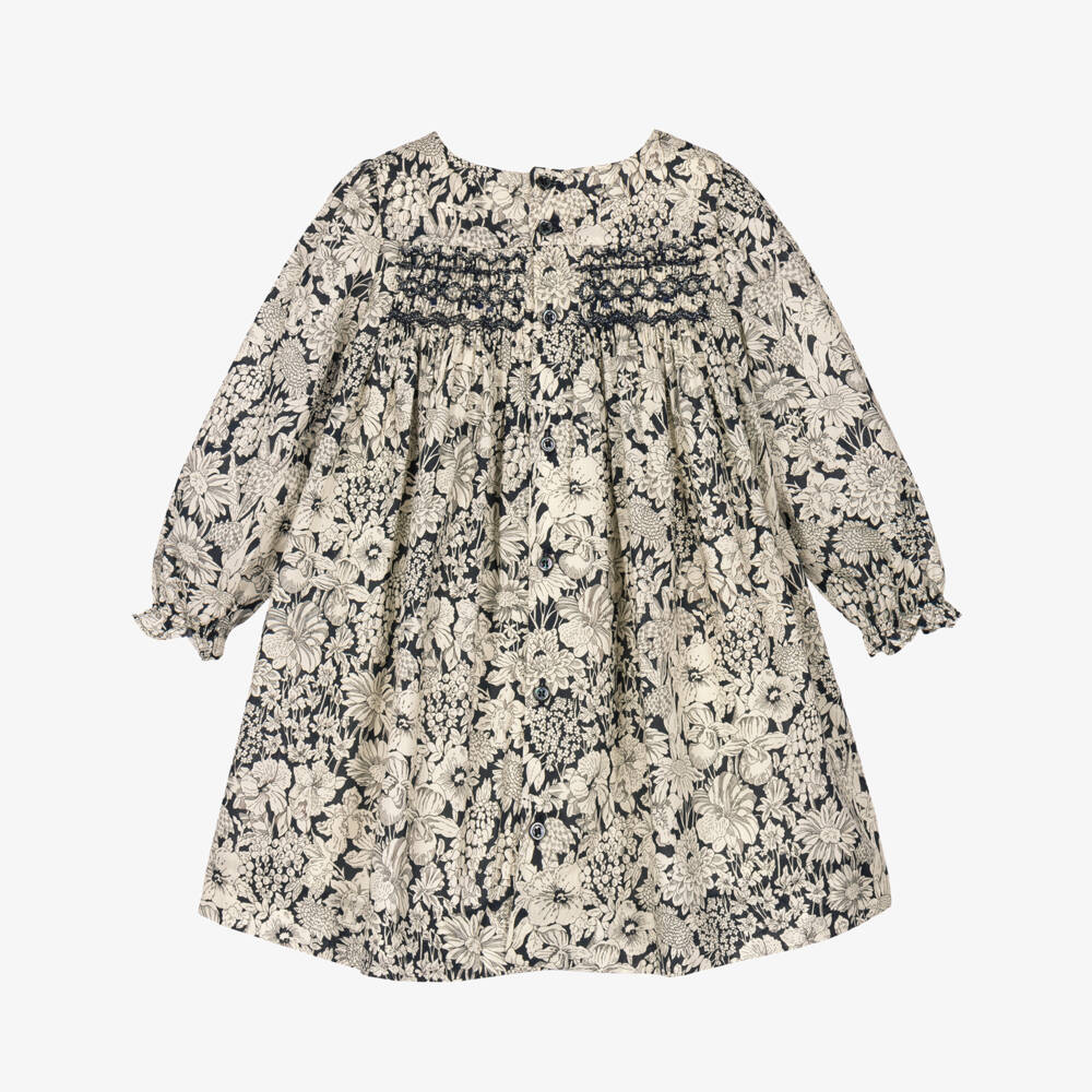 Bonpoint-Girls Dark Blue & Beige Hand-Smocked Dress in Liberty Fabric | Childrensalon