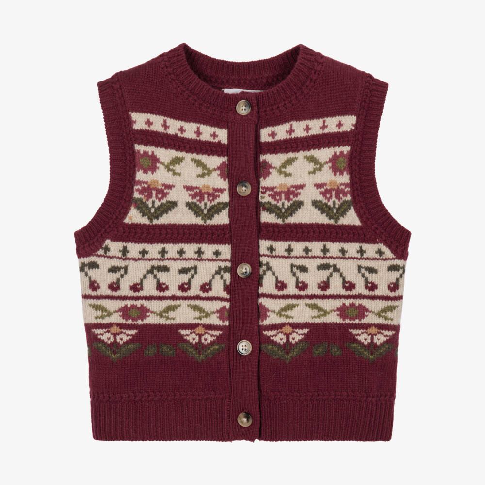 Bonpoint-Girls Deep Red Wool Sweater Vest with Cherry Motifs | Childrensalon