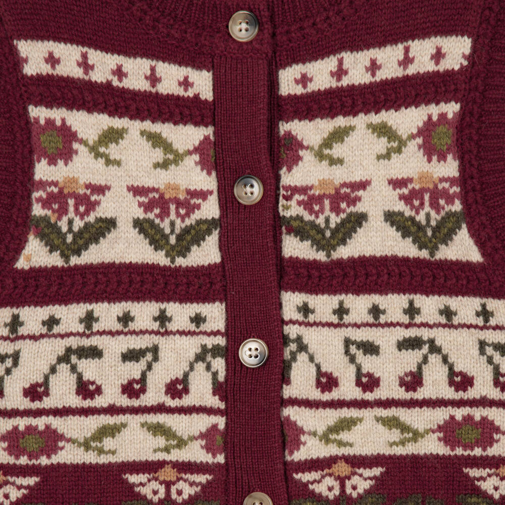 Bonpoint-Girls Deep Red Wool Sweater Vest with Cherry Motifs | Childrensalon