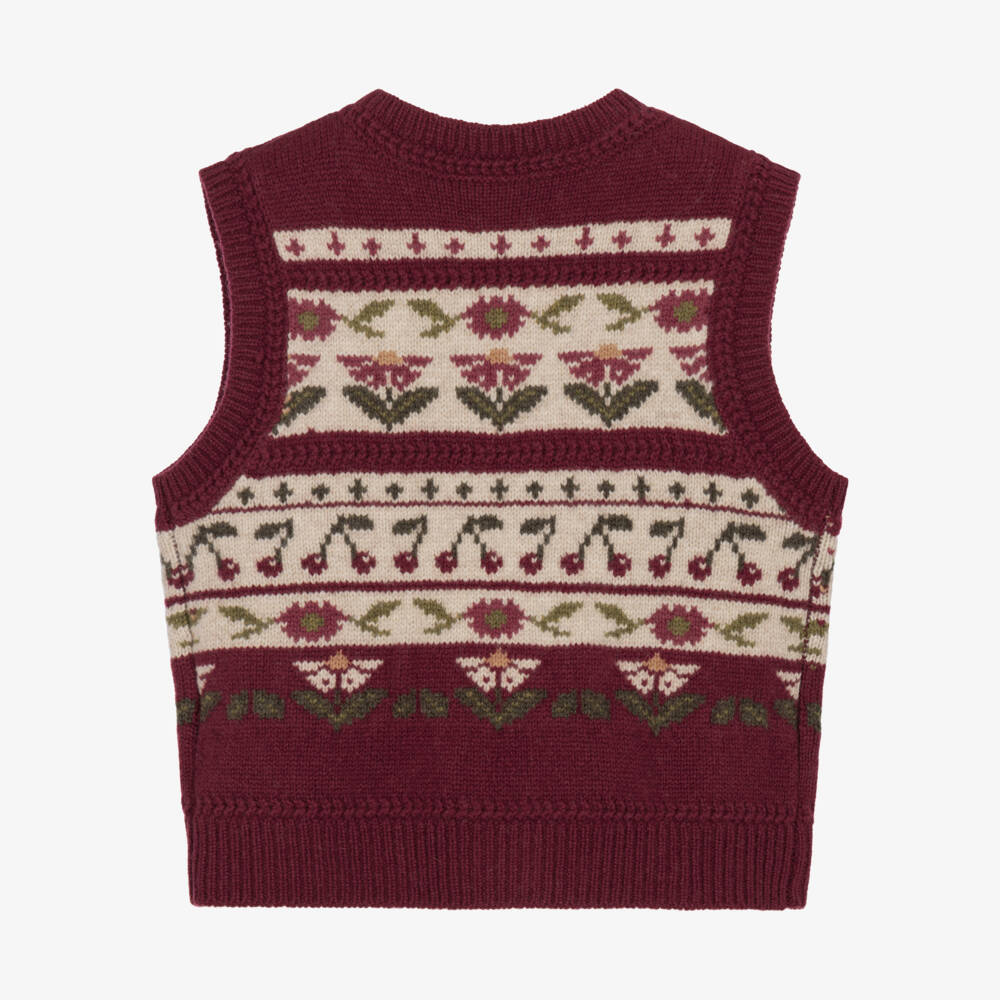Bonpoint-Girls Deep Red Wool Sweater Vest with Cherry Motifs | Childrensalon