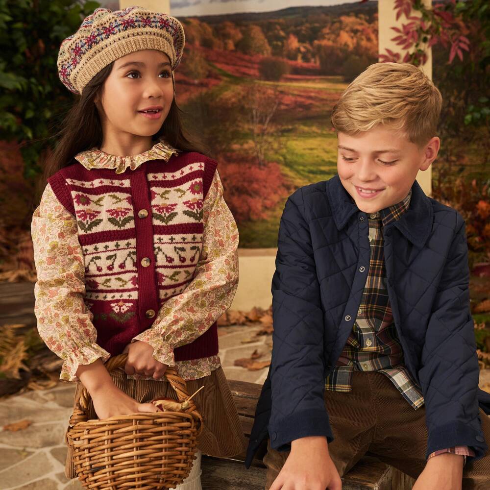 Bonpoint-Girls Deep Red Wool Sweater Vest with Cherry Motifs | Childrensalon