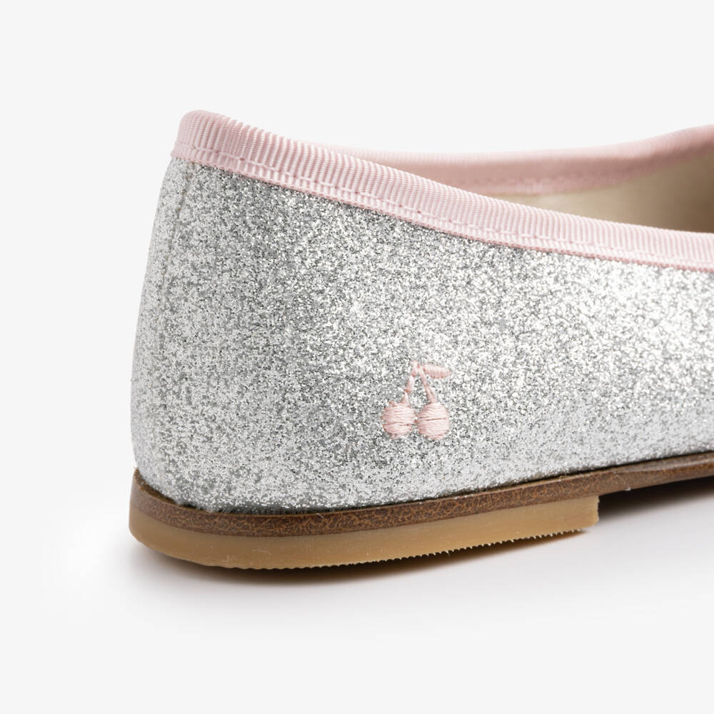 Bonpoint-Girls Glittery Silver Ballet Pumps with Pink Trim | Childrensalon