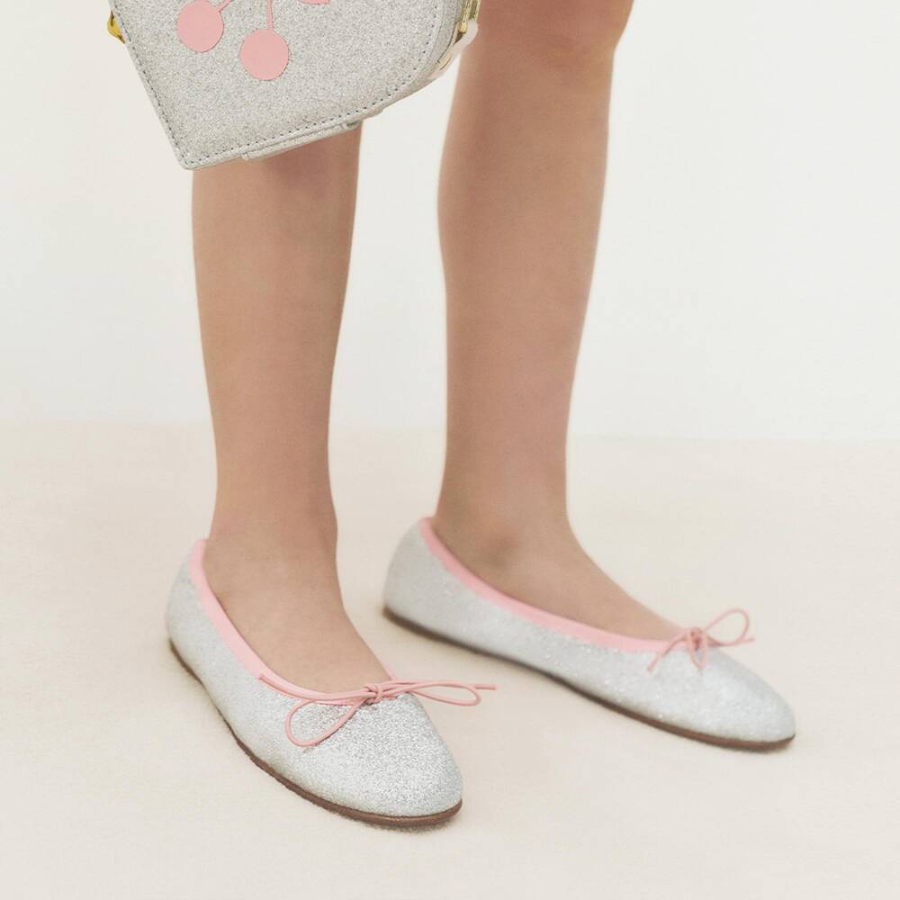 Bonpoint-Girls Glittery Silver Ballet Pumps with Pink Trim | Childrensalon
