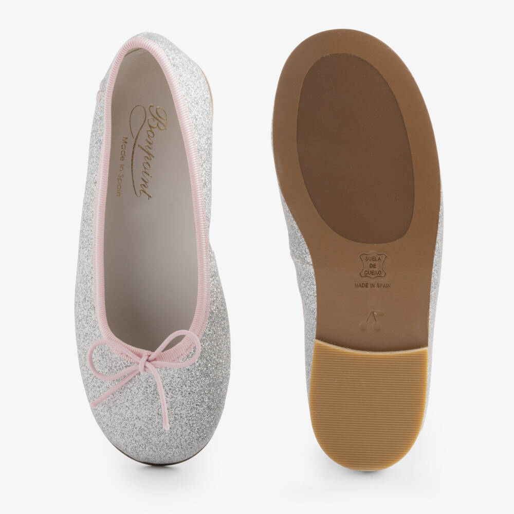 Bonpoint-Girls Glittery Silver Ballet Pumps with Pink Trim | Childrensalon