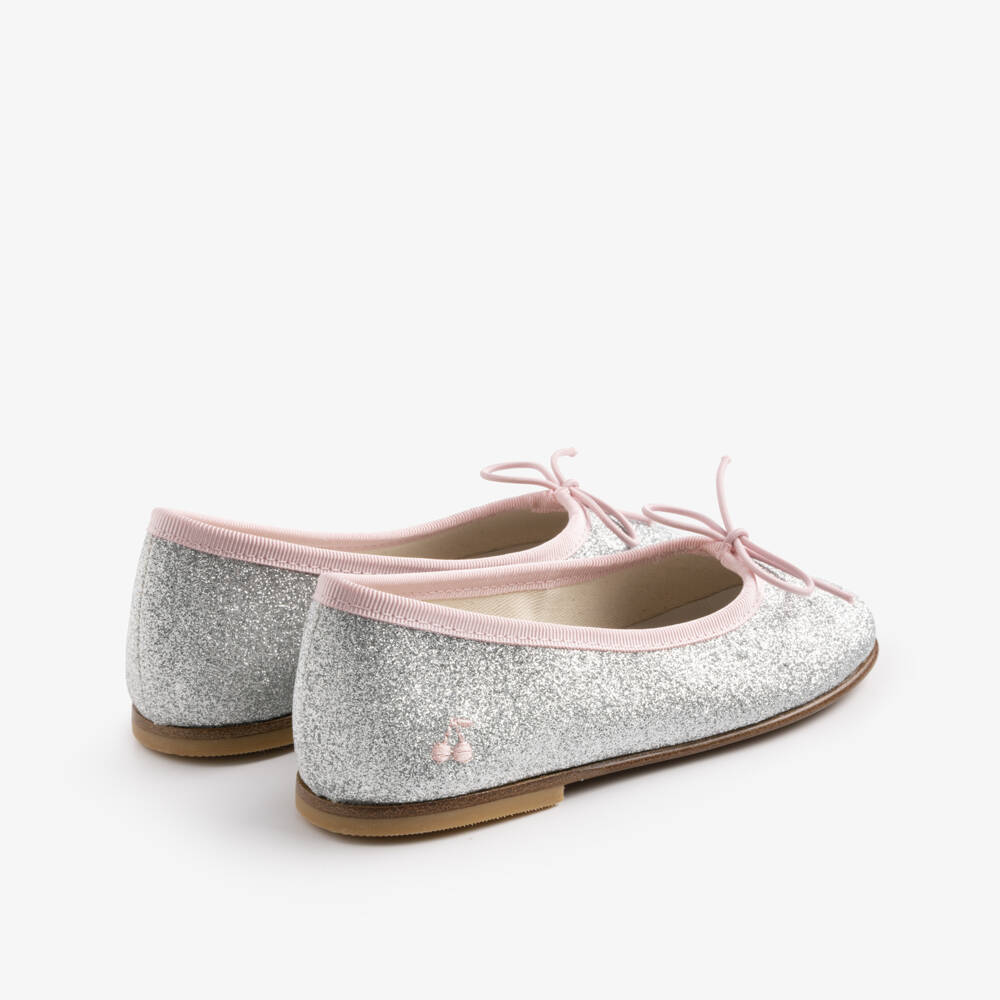 Bonpoint-Girls Glittery Silver Ballet Pumps with Pink Trim | Childrensalon