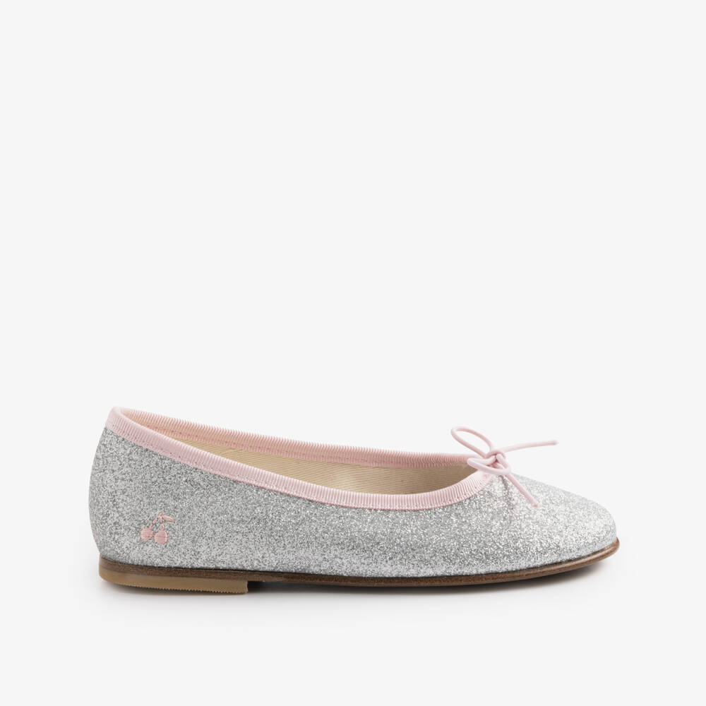 Bonpoint-Girls Glittery Silver Ballet Pumps with Pink Trim | Childrensalon