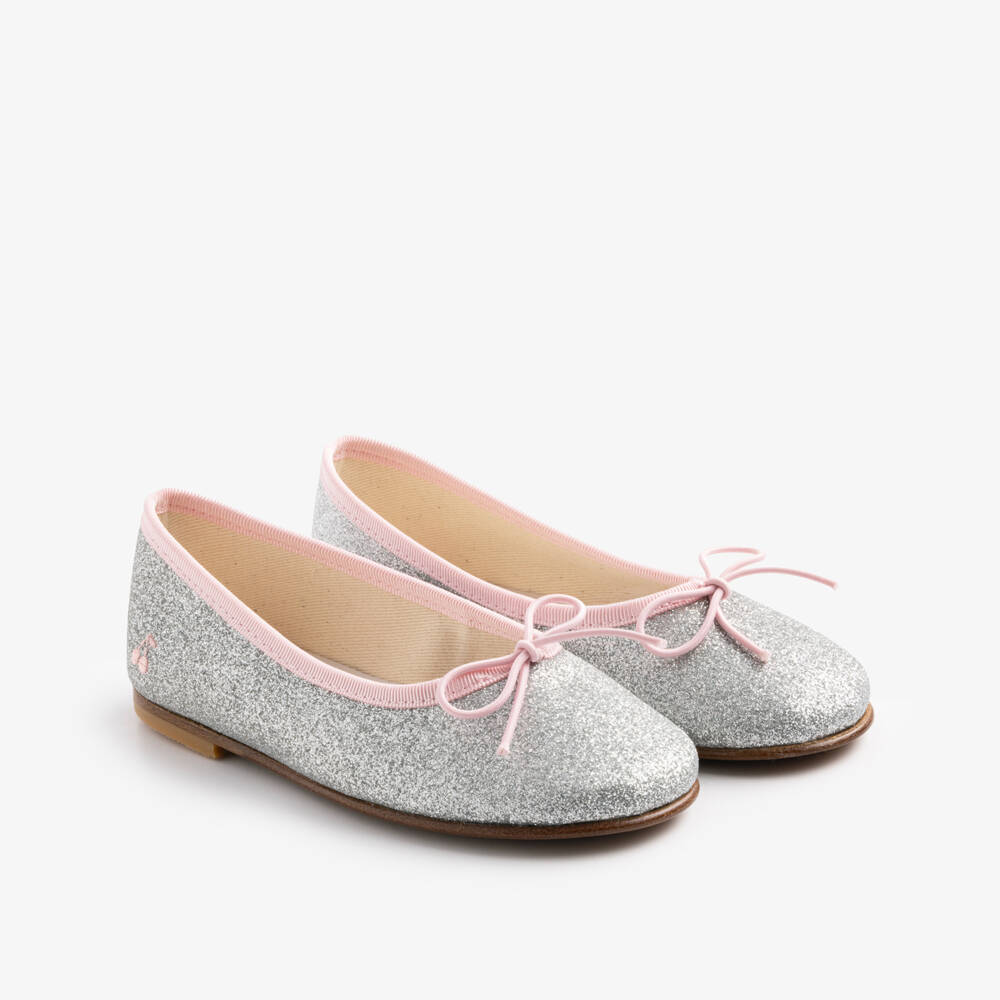 Bonpoint-Girls Glittery Silver Ballet Pumps with Pink Trim | Childrensalon