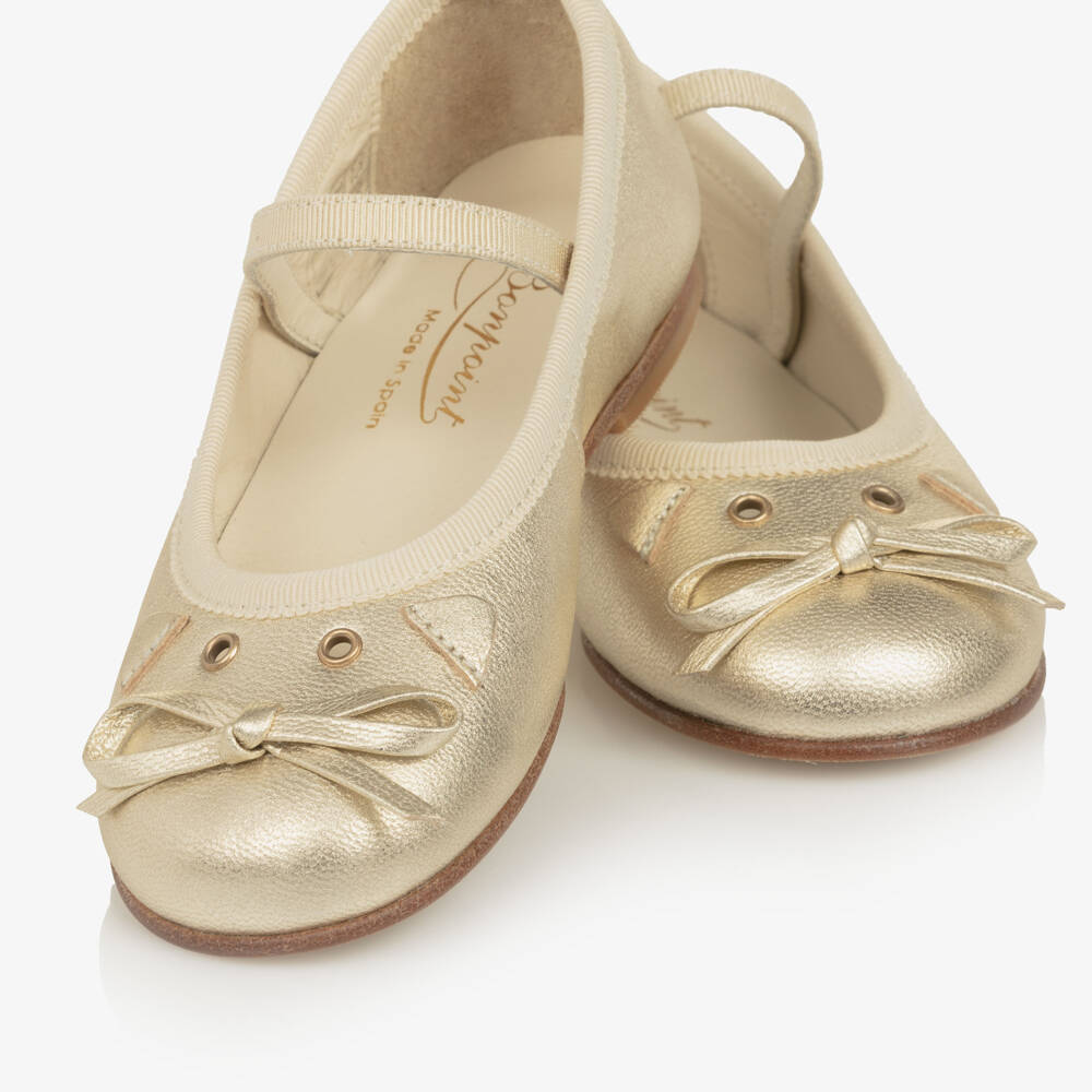 Bonpoint-Girls Gold Leather Mouse Ballerina Pumps | Childrensalon
