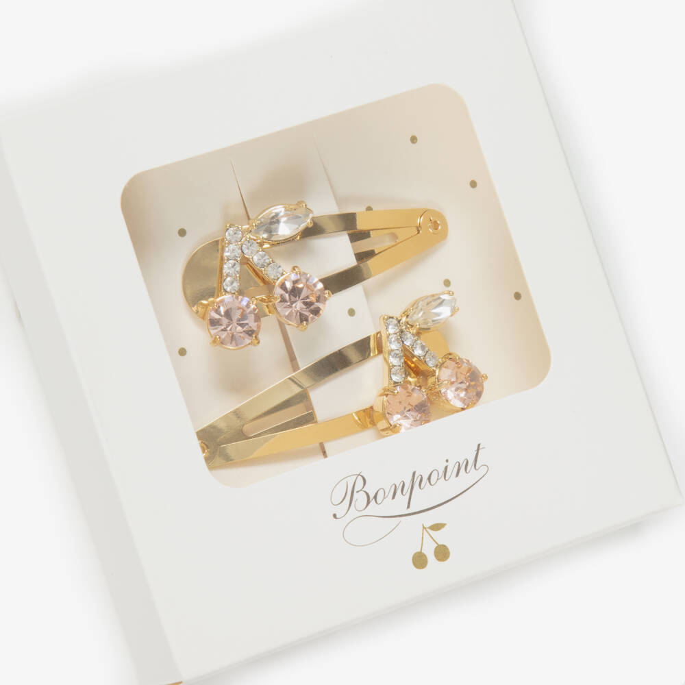 Bonpoint-Girls Gold & Pink Cherry Hair Clips (2 Pack) | Childrensalon