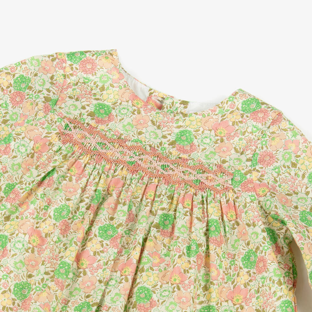 Bonpoint-Girls Green Floral Liberty Fabric Dress with Smocking | Childrensalon