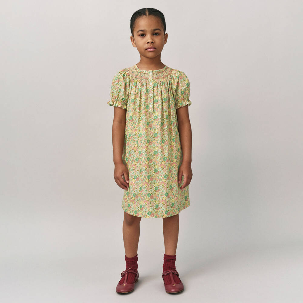Bonpoint-Платье зелёное из хлопка с цветочной тканью Liberty для девочек | Childrensalon