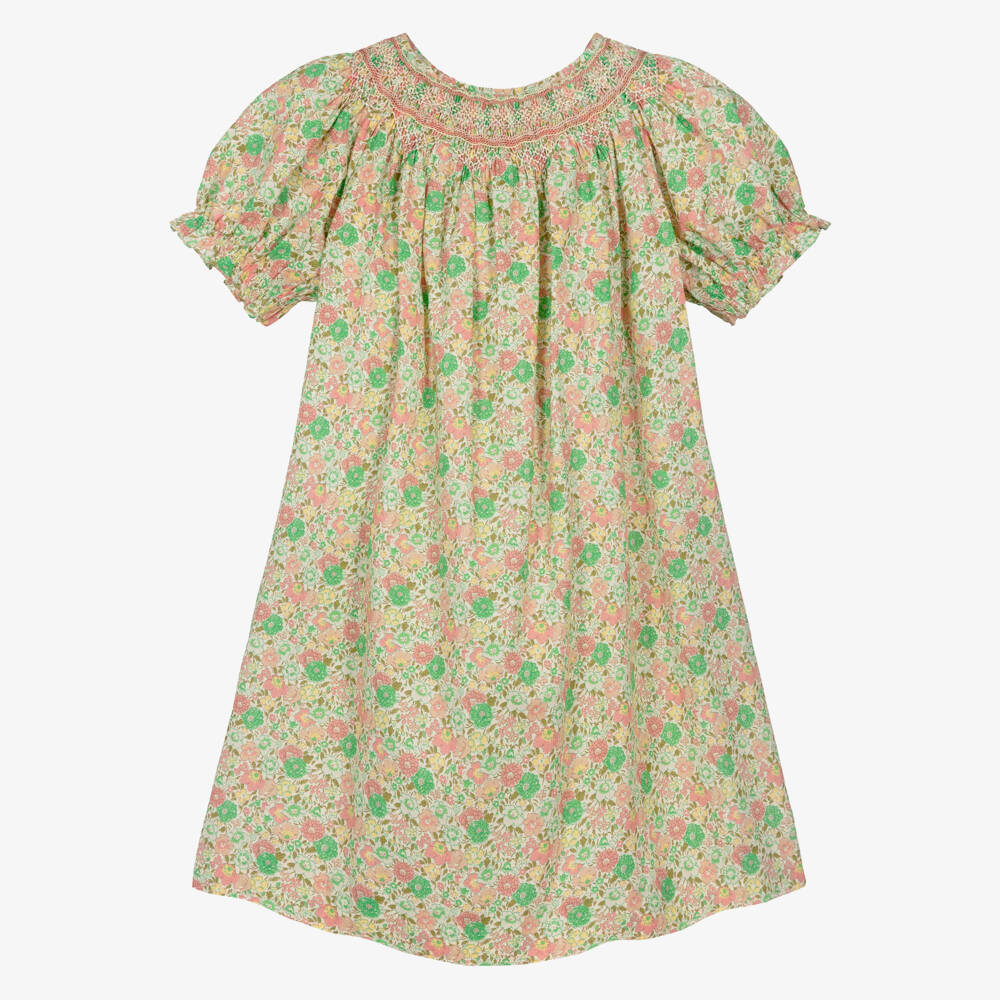 Bonpoint-Платье зелёное из хлопка с цветочной тканью Liberty для девочек | Childrensalon