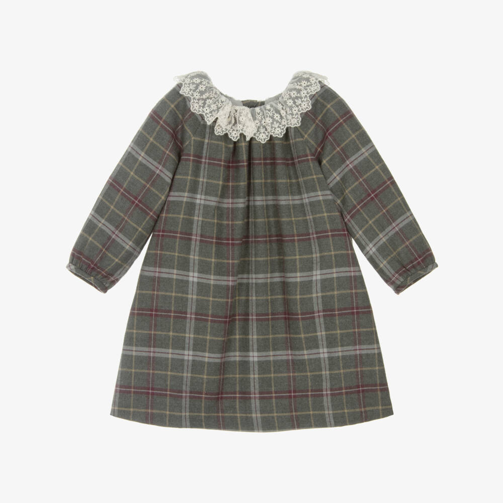 Bonpoint-Girls Grey Checked Cotton Dress with Ruffle Lace Collar | Childrensalon
