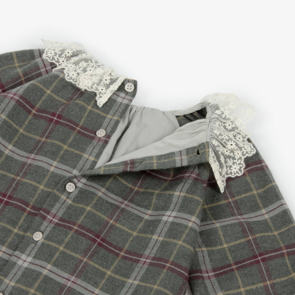 Bonpoint-Girls Grey Checked Cotton Dress with Ruffle Lace Collar | Childrensalon
