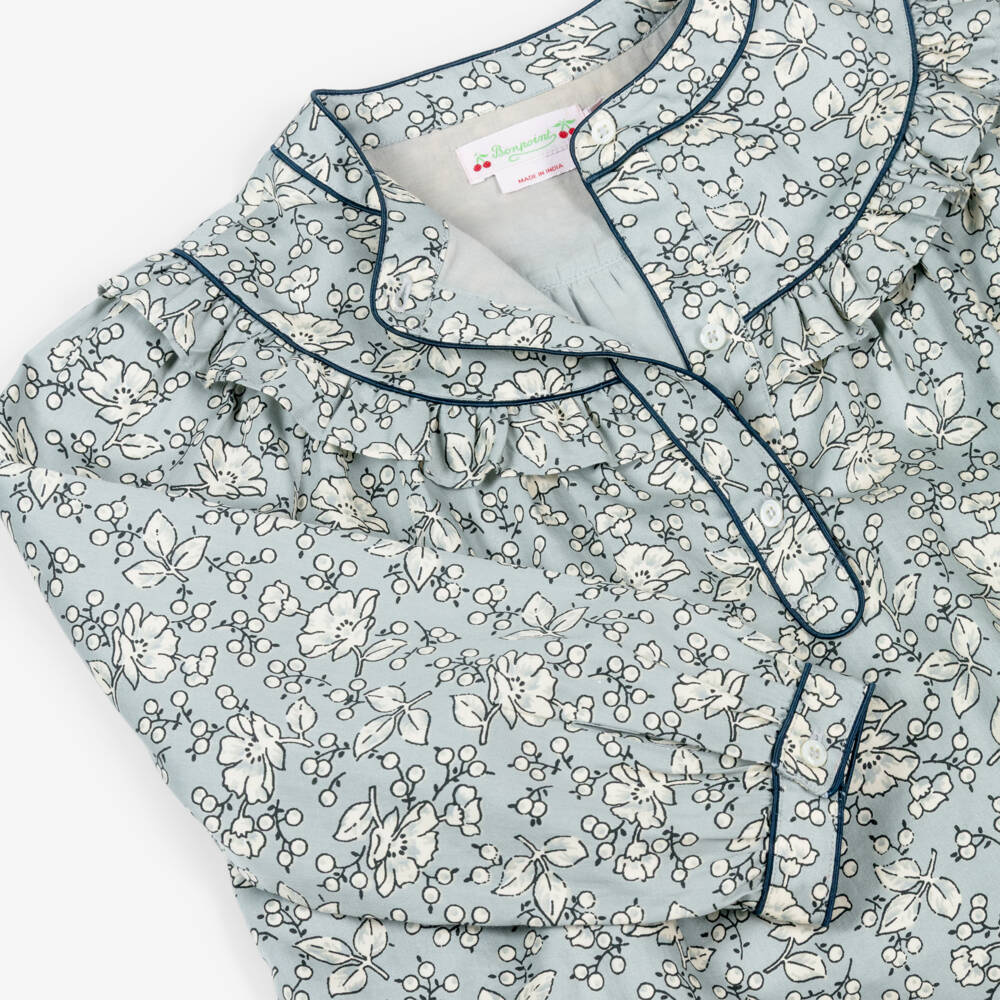 Bonpoint-Girls Grey Cotton Dress with Ivory Floral Print | Childrensalon