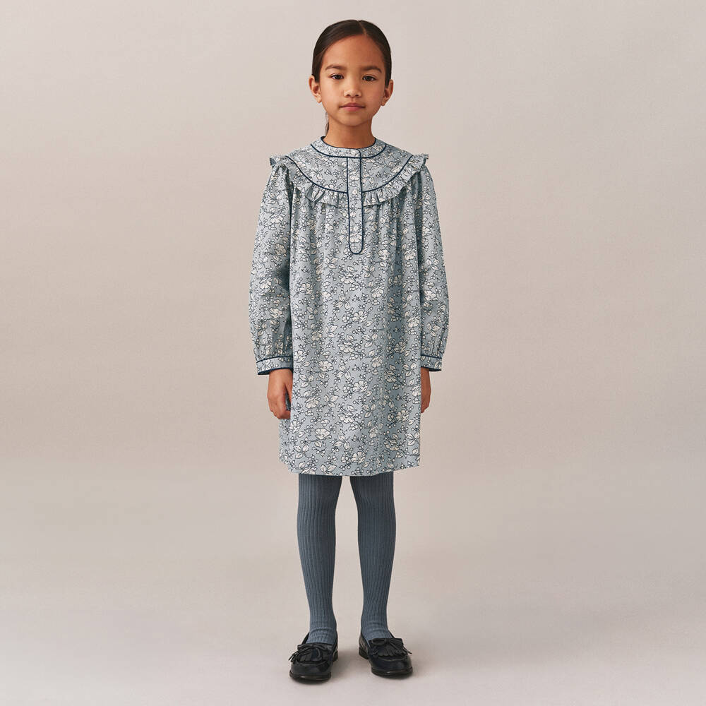 Bonpoint-Girls Grey Cotton Dress with Ivory Floral Print | Childrensalon