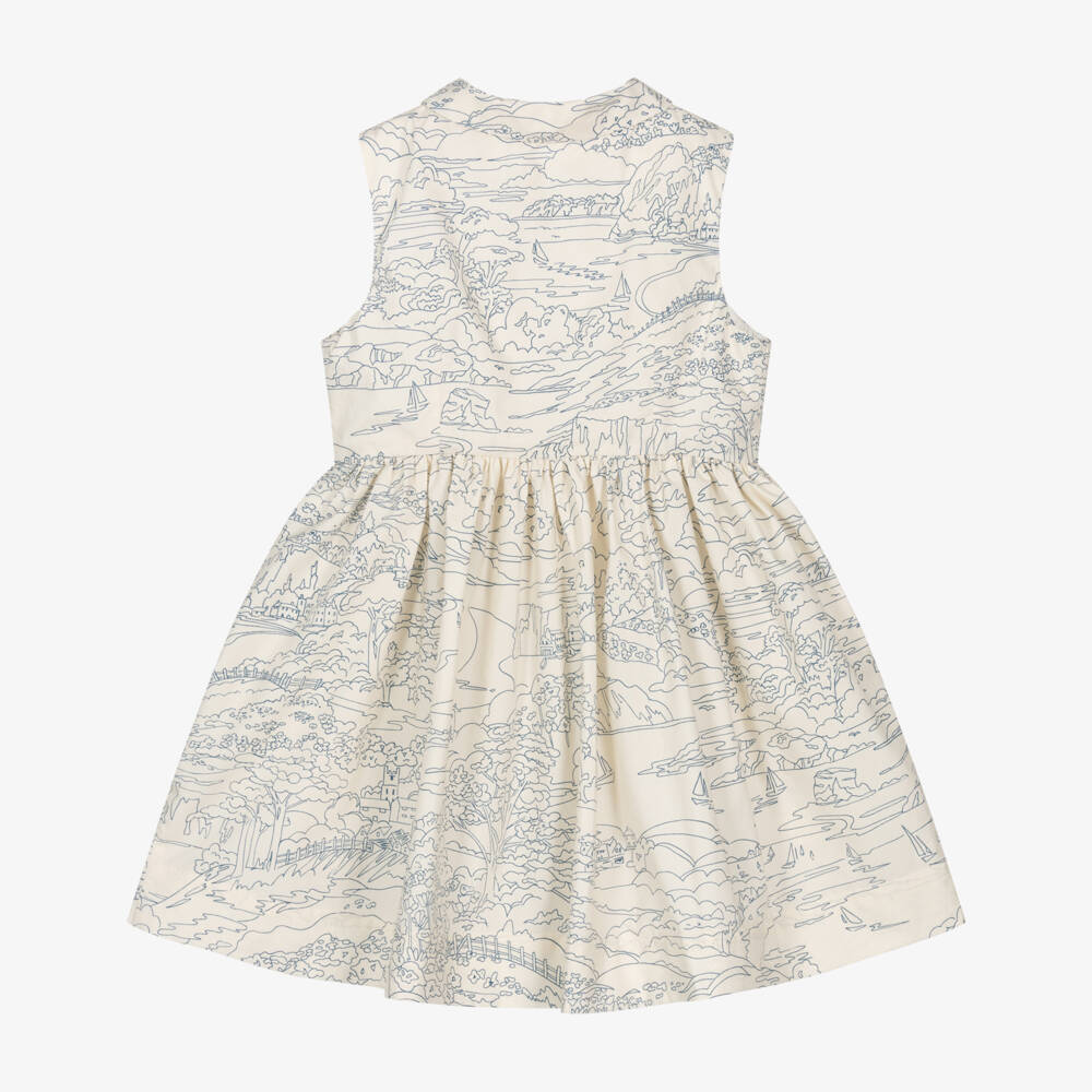 Bonpoint-Girls Ivory and Blue Cotton Scenic Liberty Print Dress | Childrensalon