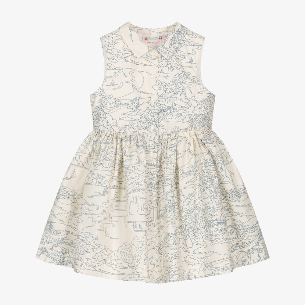 Bonpoint-Girls Ivory & Blue Cotton Scenic Liberty Print Dress | Childrensalon