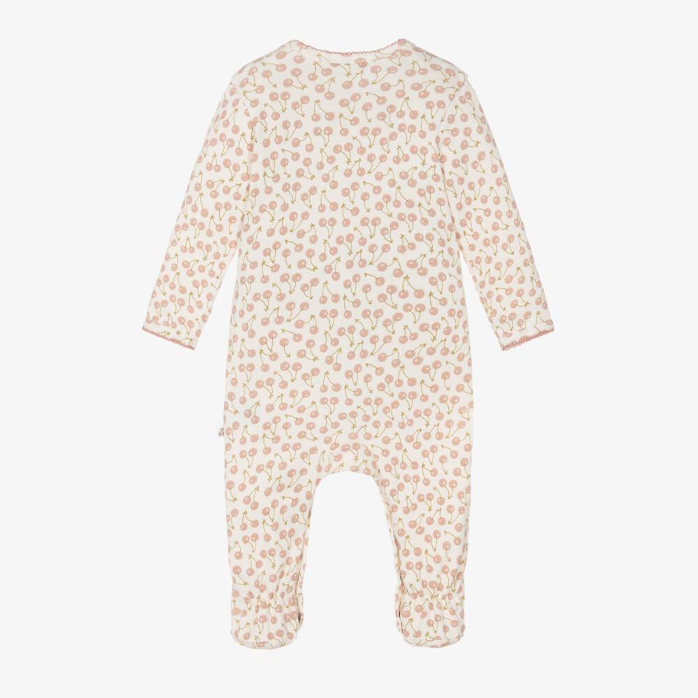 Bonpoint-Girls Ivory Cotton Babygrow with Pink Cherry Logo Print | Childrensalon