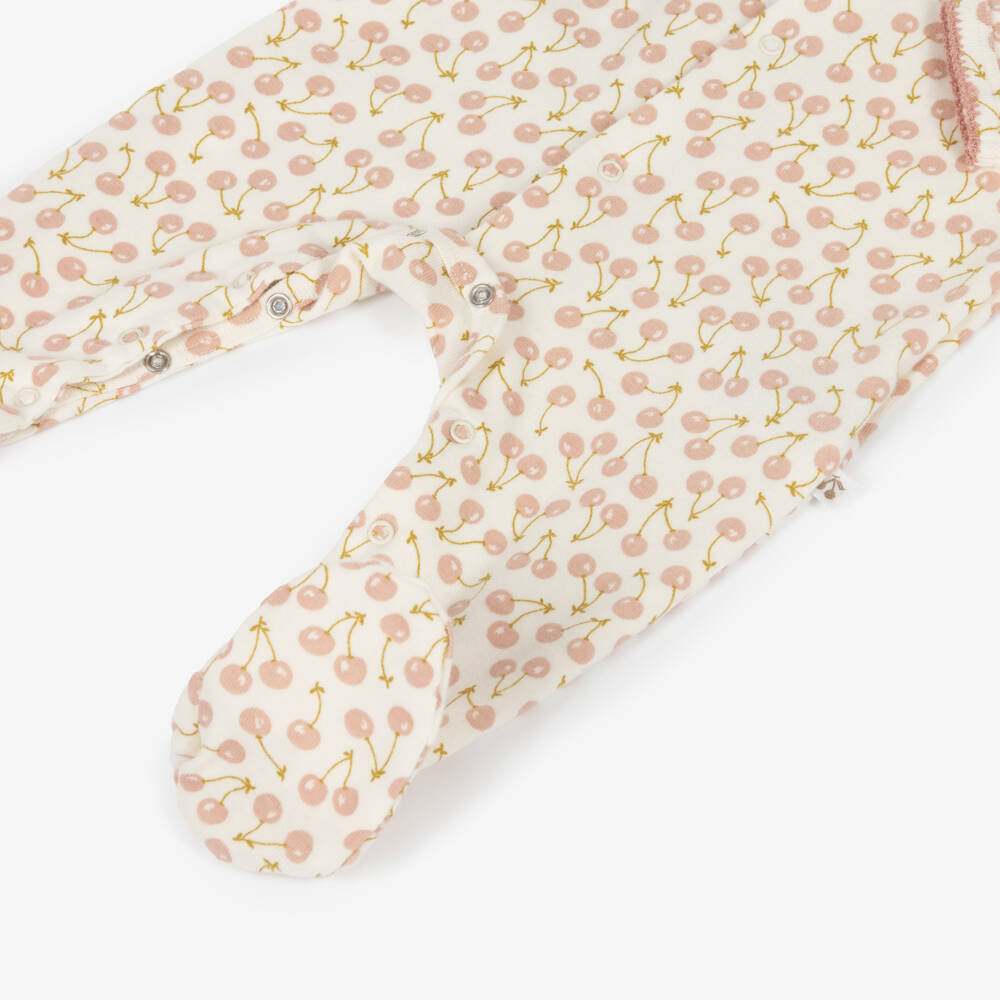 Bonpoint-Girls Ivory Cotton Babygrow with Pink Cherry Logo Print | Childrensalon