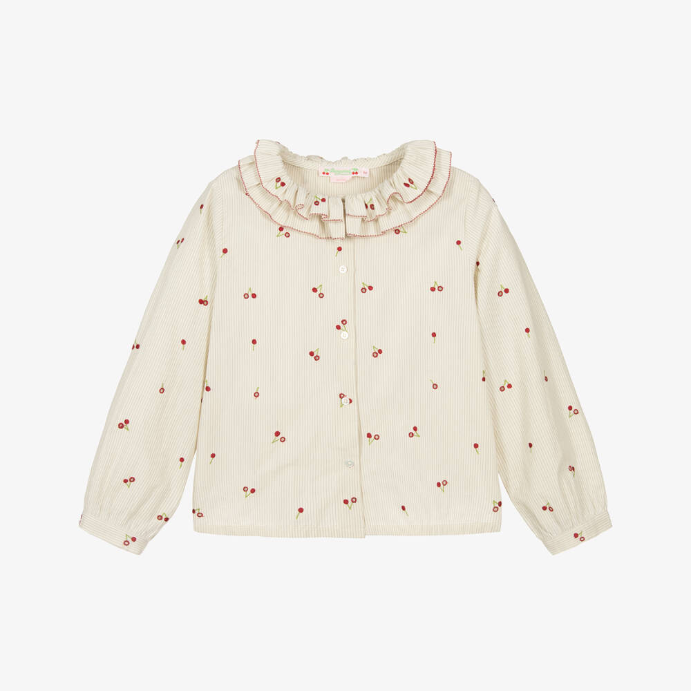 Bonpoint-Girls Ivory Cotton Blouse with Embroidered Red Cherry Logos | Childrensalon