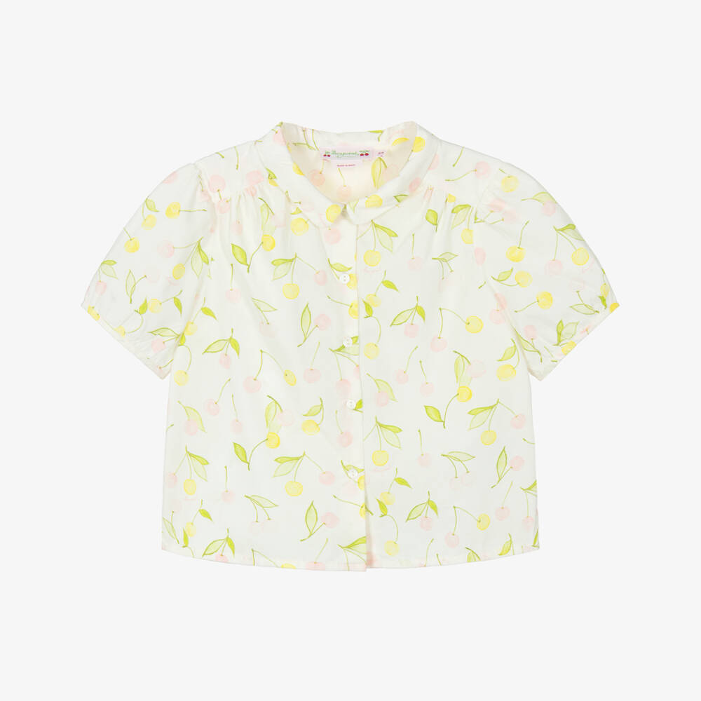 Bonpoint-Girls Ivory Cotton Blouse with Pink & Yellow Cherries | Childrensalon