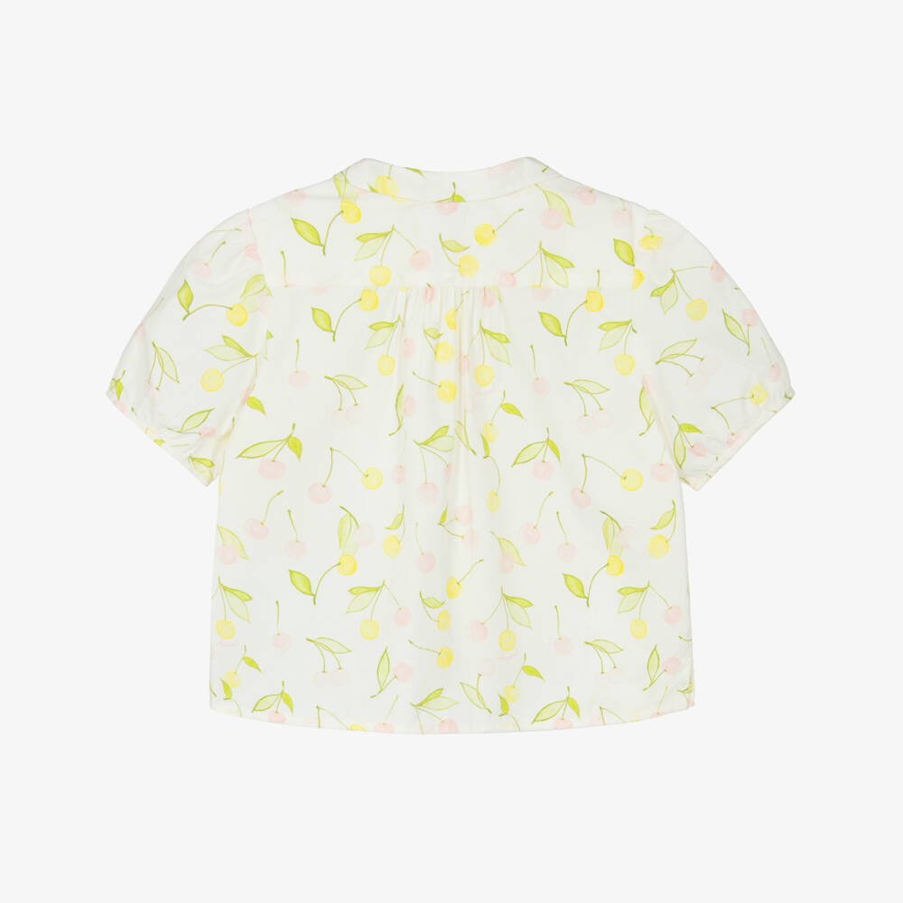 Bonpoint-Girls Ivory Cotton Blouse with Pink & Yellow Cherries | Childrensalon