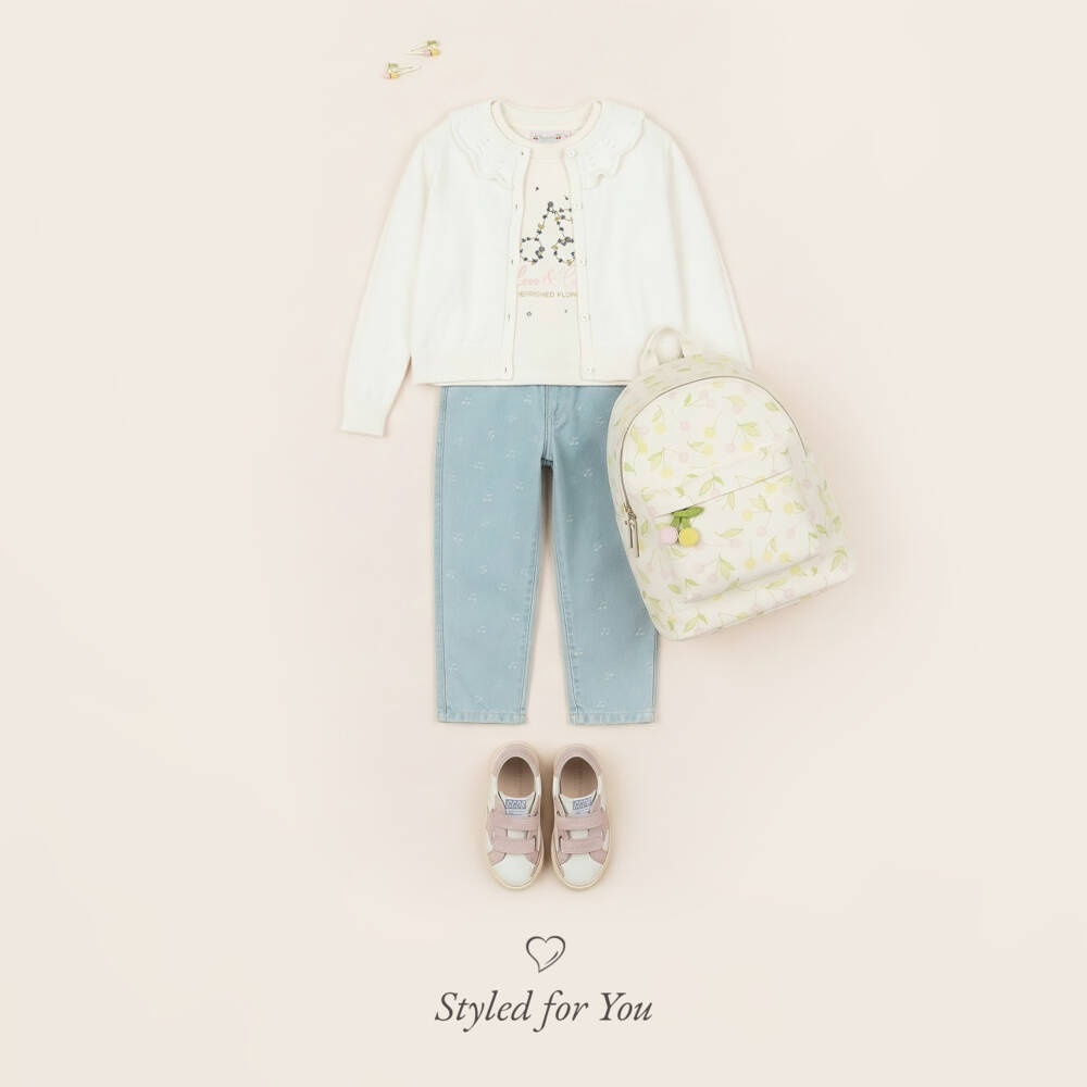 Bonpoint-Girls Ivory Cotton Cherry Embroidery T-Shirt | Childrensalon